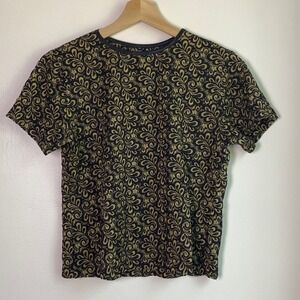 Lucie Ann II Paisley Lace Top Womens Small Black Gold Short Sleeve Vintage 90s